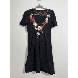 Johnny Was Black Embroidered Floral Short Sleeve Cotton Dress Size Medium